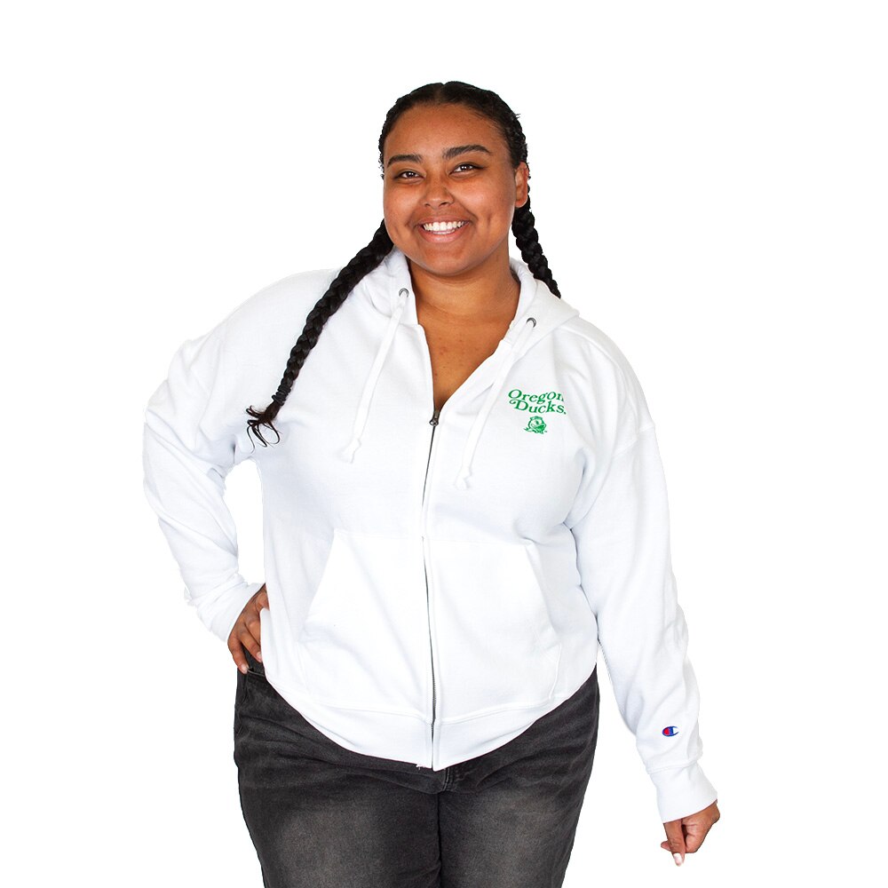 Ducks Spirit, Champion, White, Full Zip, Cotton Blend, Women, Oregon Mascot, Hoodie, Sweatshirt, 1005450